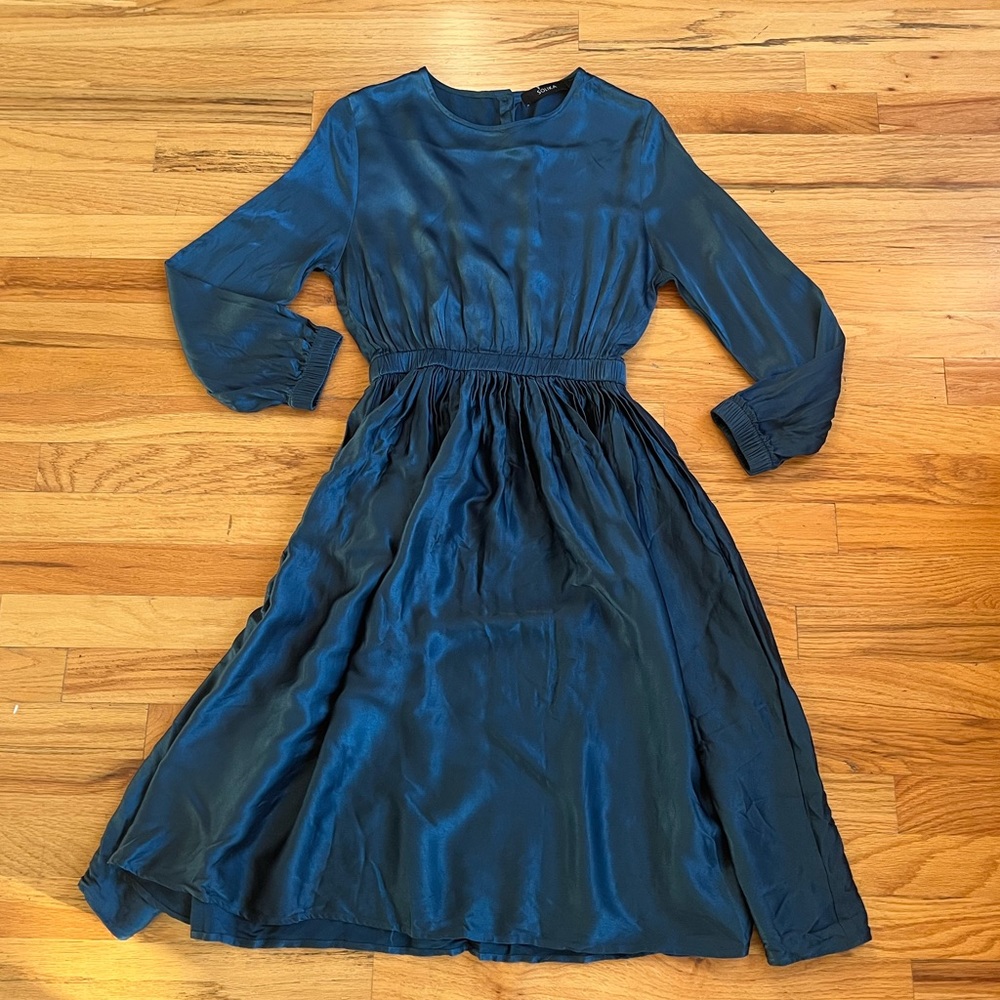 SOLIKA Joelle Teal Satin Viscose Cinched Waist Dress S